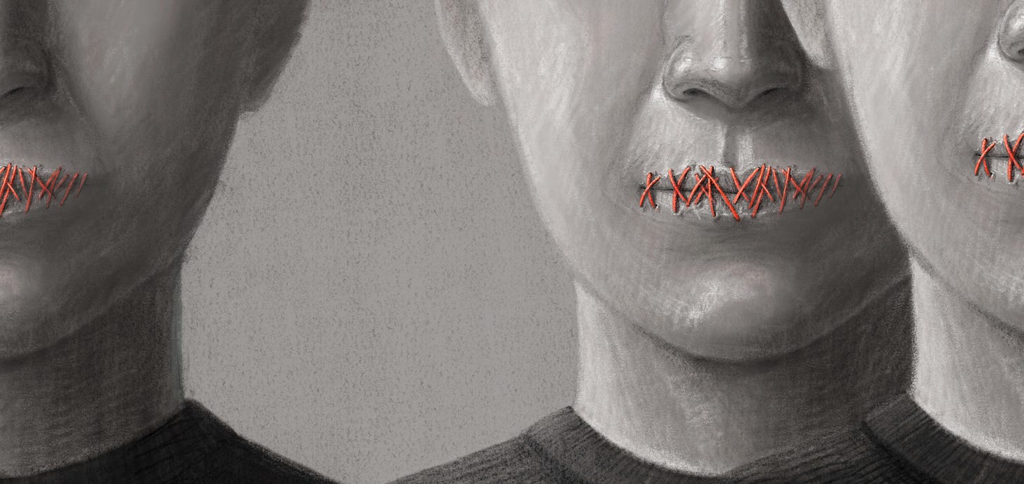 Charcoal sketch of three mid-faces with red stitching sewing their mouths closed. Charcoal sketch of three mid-faces with red stitching sewing their mouths closed.
