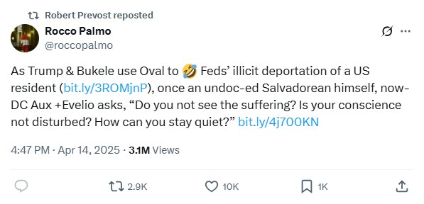 Screenshot of April 14, 2025 tweet by 'Rocco Palmo,' retweeted by Robert Prevost: 'As Trump & Bukele use Oval to [laugh-crying emoji] Feds’ illicit deportation of a US resident (link to article about the meeting between], once an undoc-ed Salvadorean himself, now-DC Aux+Evelio asks, “Do you not see the suffering? Is your conscience not disturbed? How can you stay quiet?”' [link to Bishop Menjivar's article]