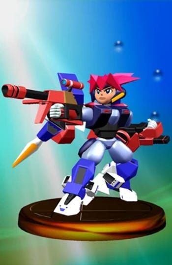 Animated character with red hair and blue armor stands ready with a large, colorful weapon. Bright blue and green gradient background.