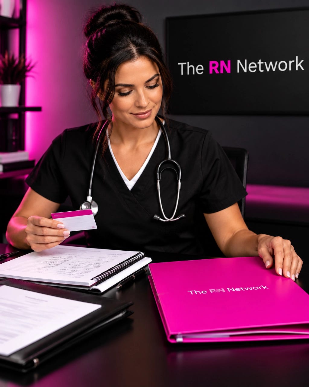 Nurse in neutral scrubs organizing certification materials and a resume folder while preparing to return to work