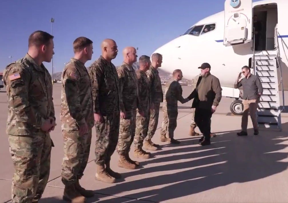 US Defense Secretary Pete Hegseth salutes troops at Fort Bliss, Texas, on Monday, Feb. 3, 2025, as US "Border Czar" Tom Homan shakes hands. US Defense Secretary Pete Hegseth salutes troops at Fort Bliss, Texas, on Monday, Feb. 3, 2025, as US "Border Czar" Tom Homan shakes hands.