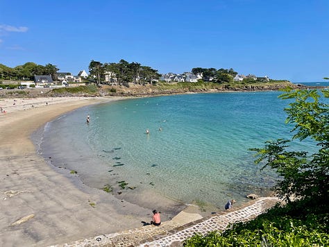A collection of nine photos taken in Brittany, featuring a group of four friends on a hike and eight scenic coastal landscapes, including lighthouses, cliffs, boats, and traditional villages under varied summer light