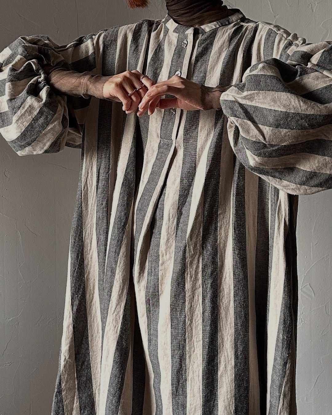 AtelierSomePiece Lantern Sleeve Striped Linen Dress AtelierSomePiece Lantern Sleeve Striped Linen Dress