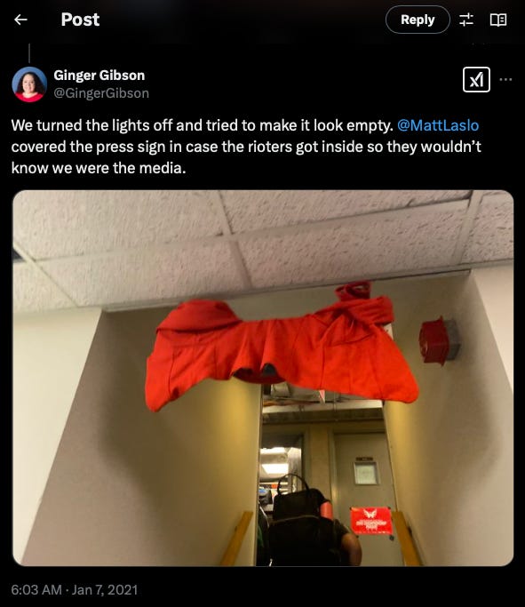 Screenshot of Ginger Gibson's tweet from Jan. 6, 2021 of picture of Radio-TV Gallery sign LCB founder Matt Laslo covered up to protect the Gallery Screenshot of Ginger Gibson's tweet from Jan. 6, 2021 of picture of Radio-TV Gallery sign LCB founder Matt Laslo covered up to protect the Gallery