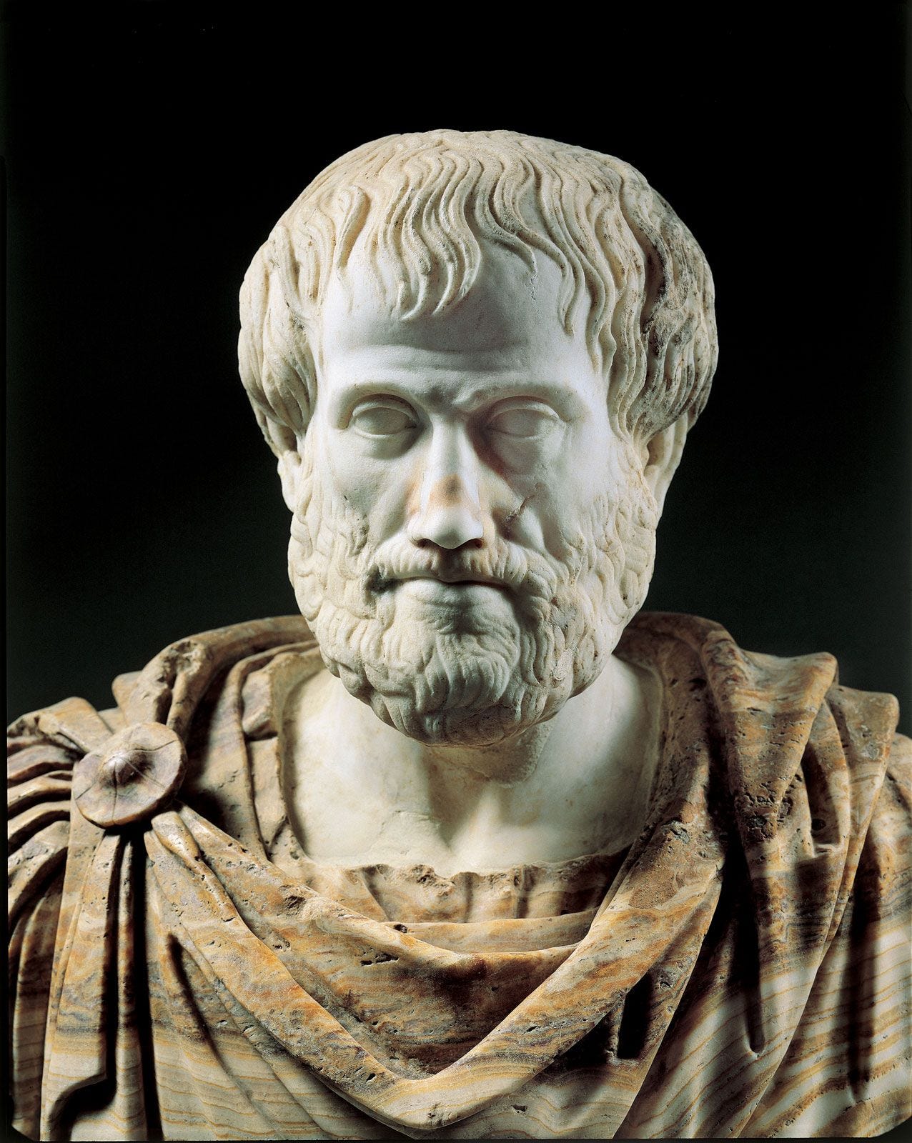 Photograph of the head and shoulders of a statue depicting Aristotle.