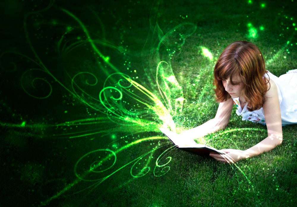 image of a girl reading a book. background is black with green swirls.