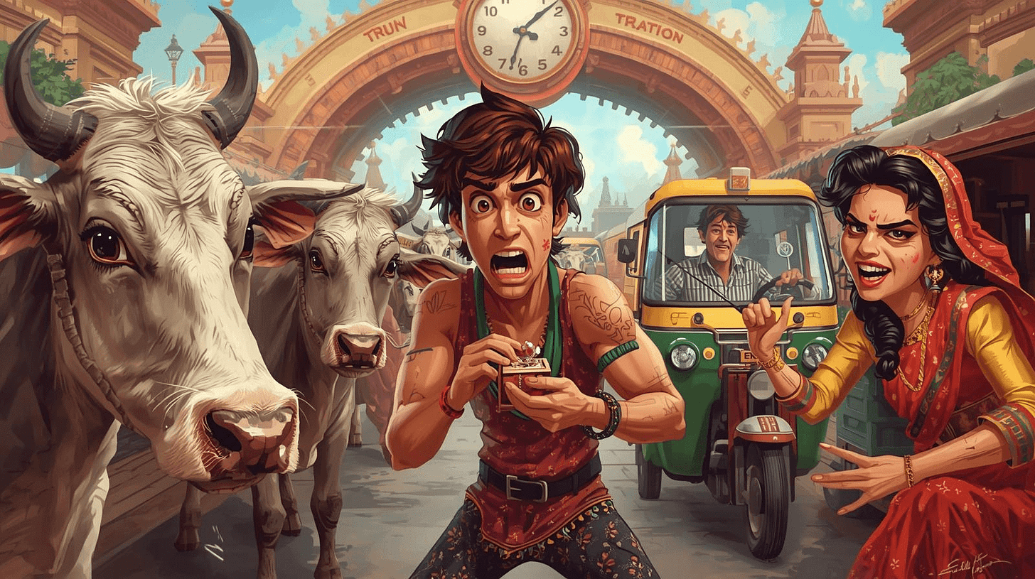 Illustration of a young man at an Indian train station holding a ring box, with cows nearby, an auto in the background, and a furious woman slapping him — a humorous, chaotic romantic comedy scene. Illustration of a young man at an Indian train station holding a ring box, with cows nearby, an auto in the background, and a furious woman slapping him — a humorous, chaotic romantic comedy scene.