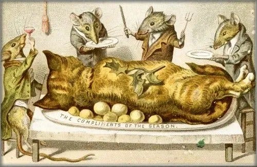 Victorian Christmas Cards. Rats Eat Cat. Image: Manchester Metropolitan University Library.