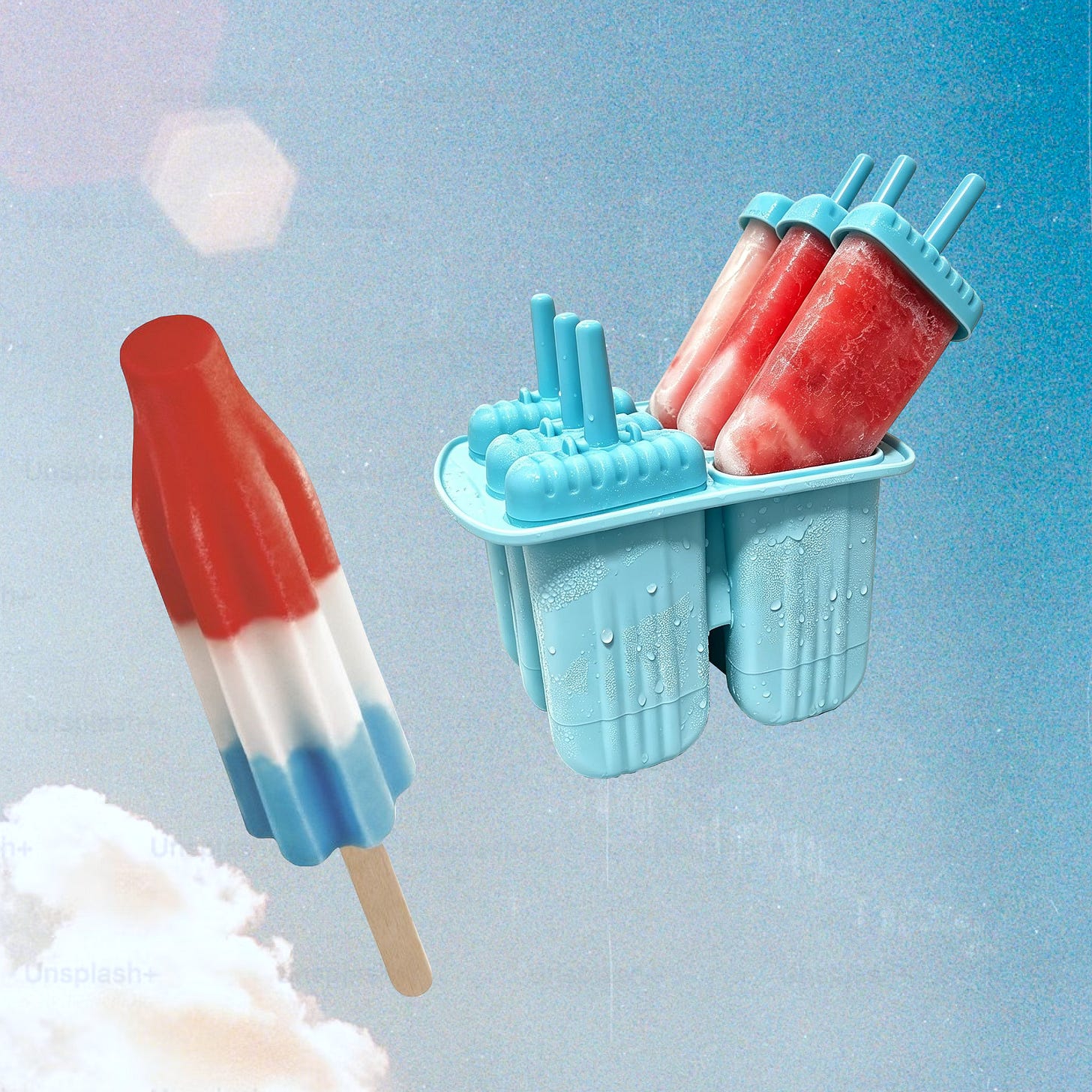 A red, white, and blue rocket pop popsicle alongside a blue silicone popsicle mold filled with strawberry popsicles.