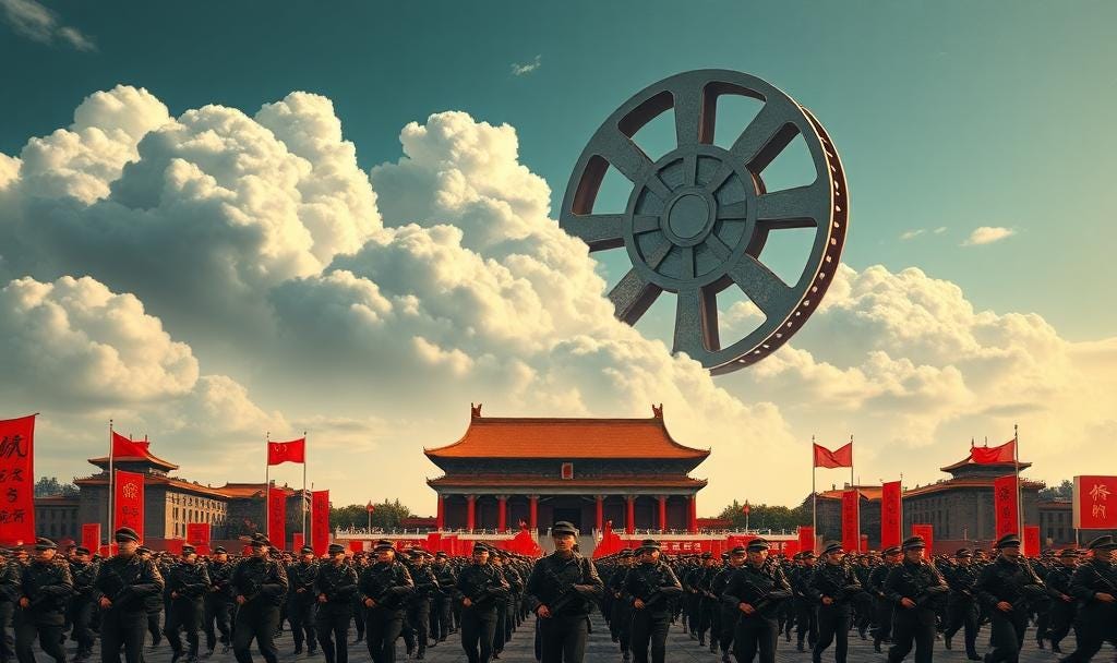 Chinese soldiers march in formation across Tiananmen Square under red banners, with a giant film reel floating above the scene in a propaganda-style illustration. Chinese soldiers march in formation across Tiananmen Square under red banners, with a giant film reel floating above the scene in a propaganda-style illustration.