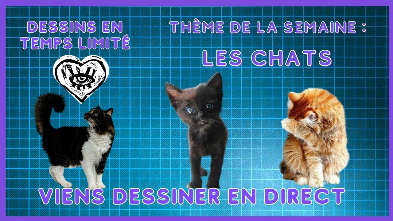 Miniature de la session dimanche prochain. Le texte indique le principe et le thème. On y voit 3 photos de chats dans des positions différentes.
