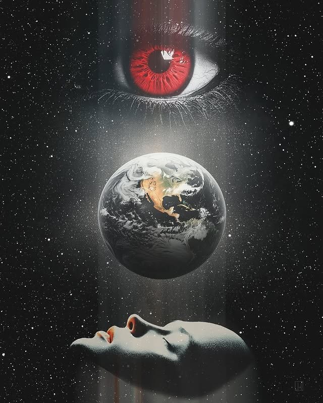 This may contain: an image of two people facing each other with the earth in front of them and red eye This may contain: an image of two people facing each other with the earth in front of them and red eye