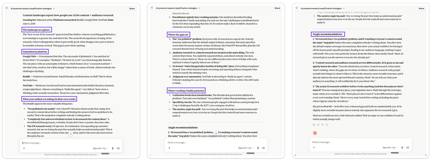 The content landscape report from the Amplifiers topic research workflow, showing platform saturation, audience questions in their own words, where the content gaps are, and ranked angle recommendations for AI content research. The content landscape report from the Amplifiers topic research workflow, showing platform saturation, audience questions in their own words, where the content gaps are, and ranked angle recommendations for AI content research.