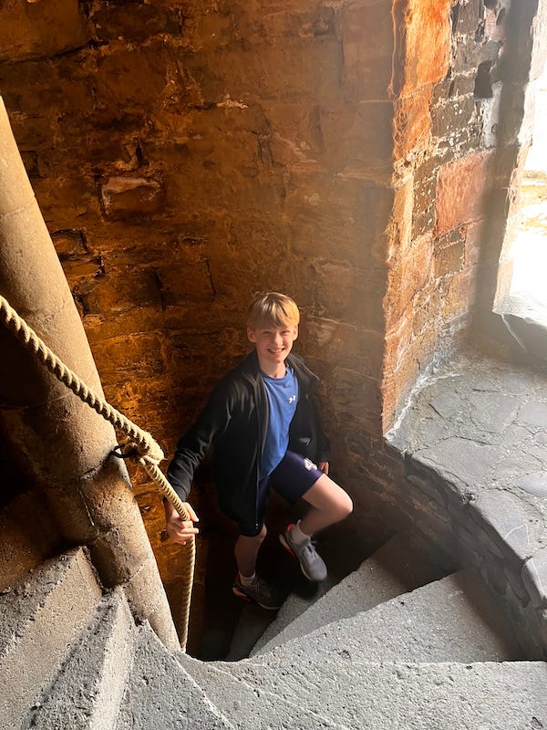 2025-6-29 Hudson on the circular stairs at Conwy Castle Wales by Susan Corbin