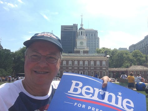 My Journey with Bernie book, DNC 2016, Independence Hall, Green glow-in-the-dark shirts, 2016 DNC Delegate Badge, Delegates, Protestors, and Volunteers in Philadelphia, Lighted FEEL THE BERN Shirt