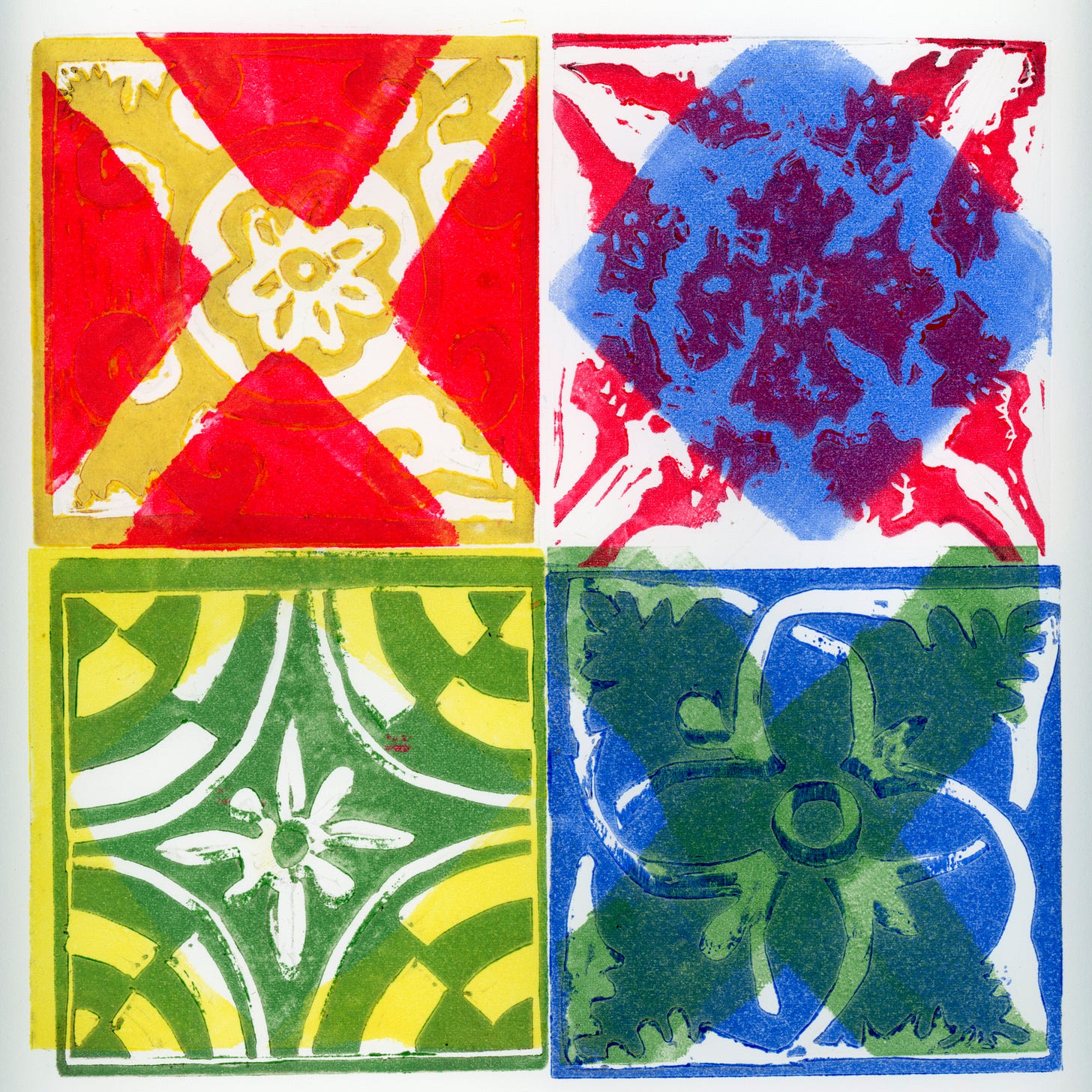 Four-square grid with tile inspired designs in blue, red, green, yellow