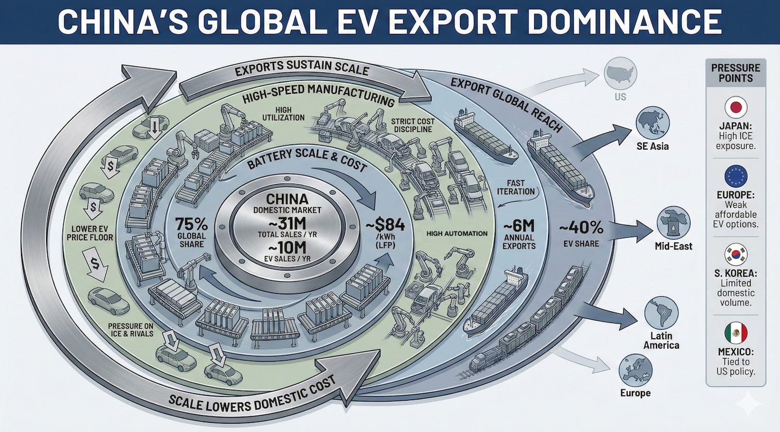Infographic illustrating China’s EV flywheel, showing domestic market scale, battery production, cost reductions, intense competition, and rising vehicle exports.