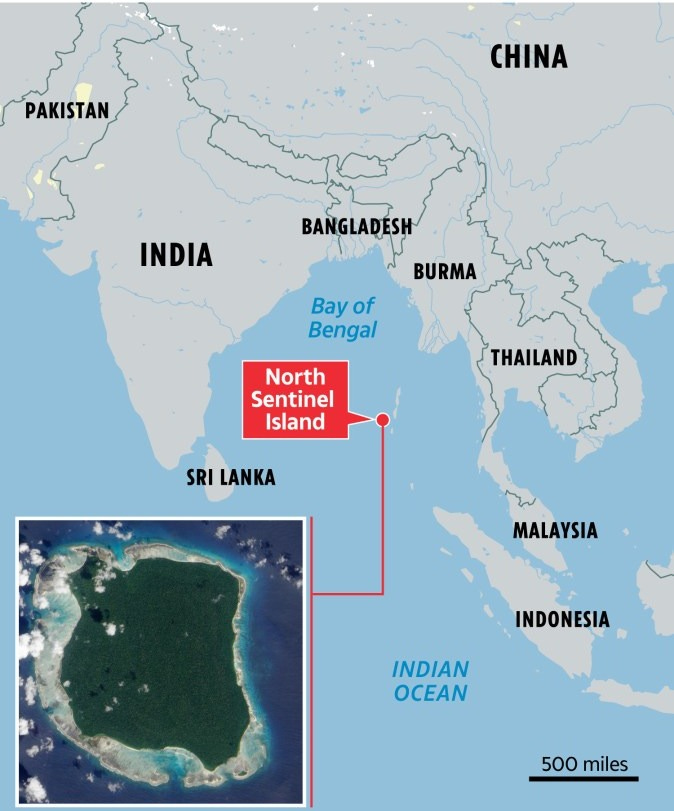 Map showing the location of North Sentinel Island in the Bay of Bengal.