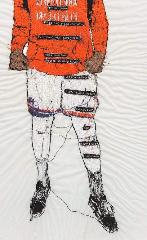 1 - 2) Brittney Griner's portrait is seen fron the front view. In it, she is wearing an orange hoodie that says 'Abortion is healthcare'. She has dreads, some of which are tucked into her hoddie, and she is wearing white shorts, and white leggings underneath. She has on black sneakers, and black backpack straps on her shoulders. She also has thin-framed black square glasses on. 3) The verso side of the embroidery is seen with different messages attached, and messy stringwork. 4) A close-up of the verso side shows some of the texts strings on black fabric like 'Brittney Griner', 'Two-time olympic gold medalist', and 'NCAA Final Four'. 5) The front of the portrait is seen at a gallery, surrounded by two other works on eithe side. It's sitting on a tall white pedestal. The gallery's walls are white, with black stone flooring.