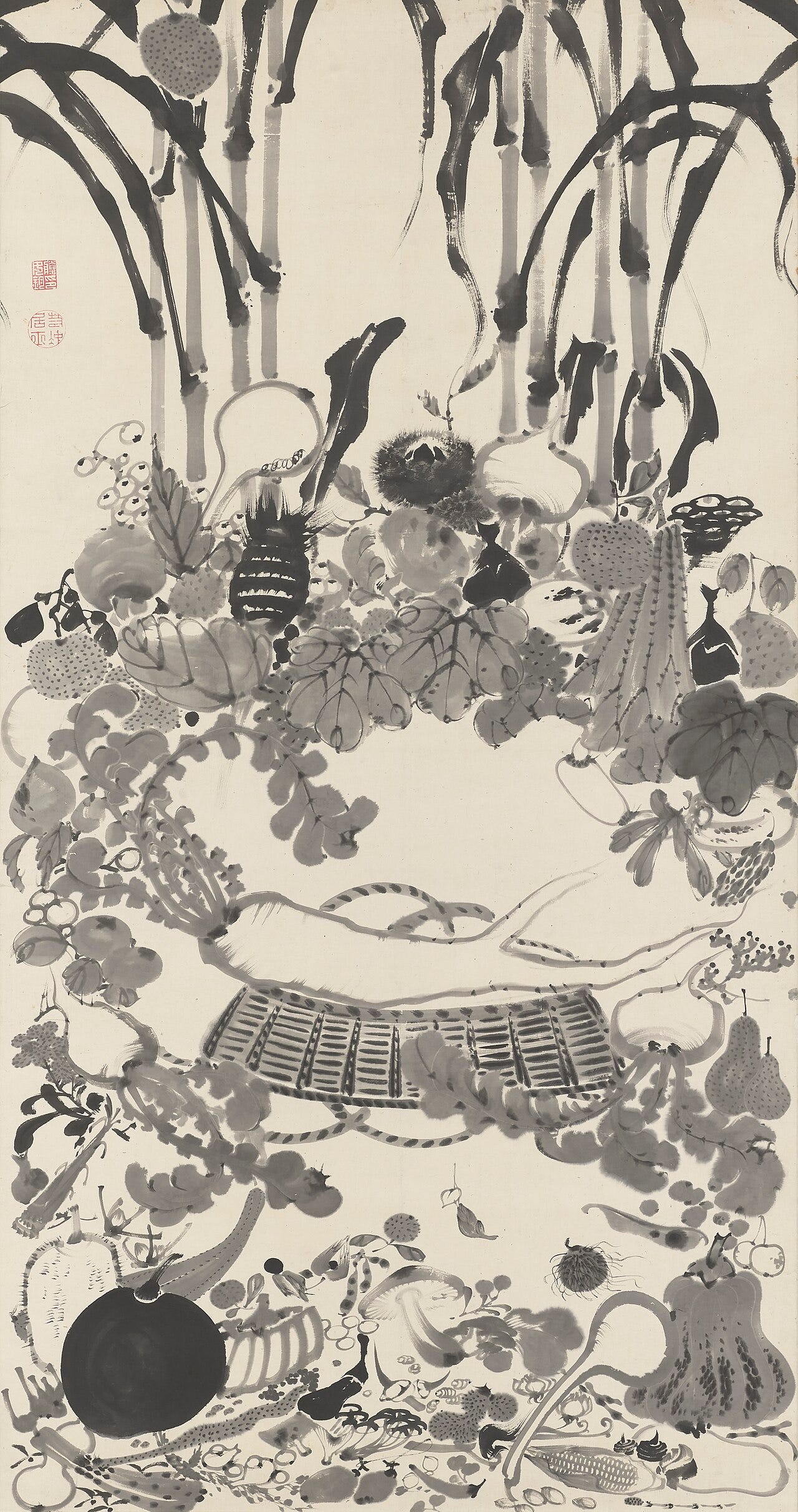 A white radish lying on its side as if on a deathbed, surrounded by eggplants, cucumbers and ears of corn, in ink on a tall scroll