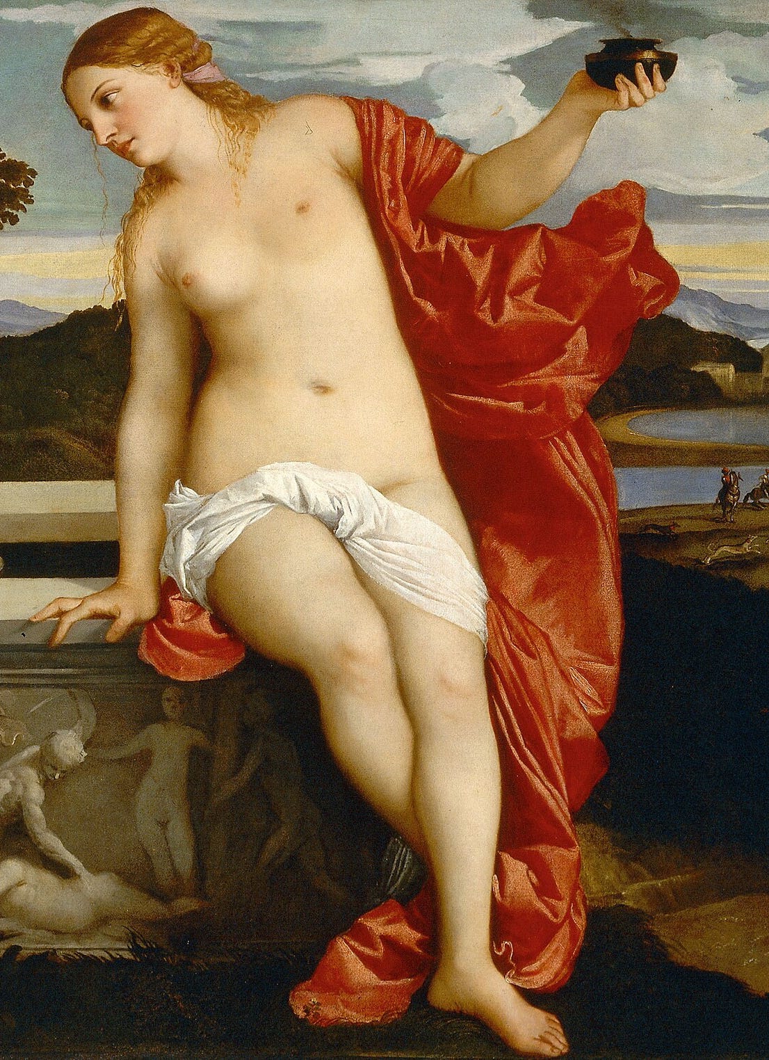 Close view of the nude woman, a red cloak over one shoulder, holding a vessel with a flame and dark smoke.