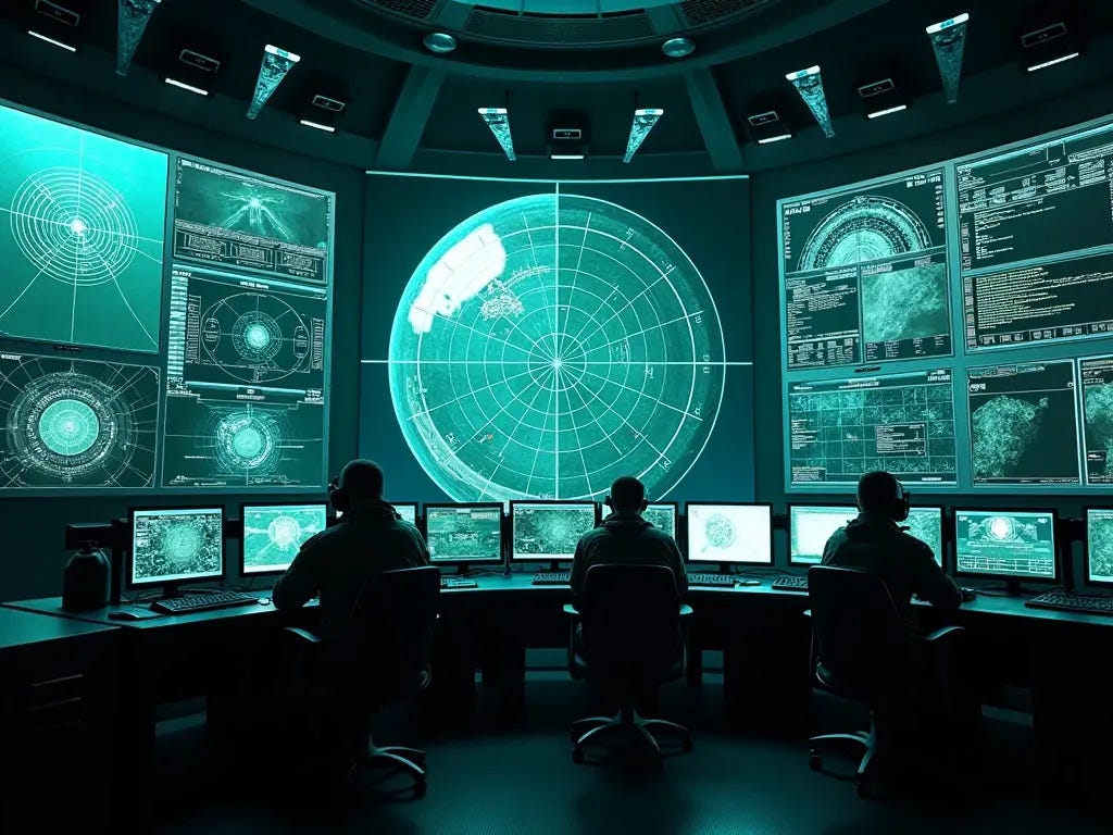 Centro de comando militar moderno dedicado ao monitoramento e análise de fenômenos aéreos não identificados.