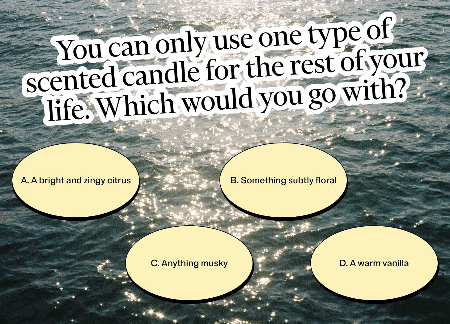 You can only use one type of scented candle for the rest of your life. Which would you go with? A: A bright and zingy citrus B: Something subtly floral. C: Anything musky. D: A warm vanilla