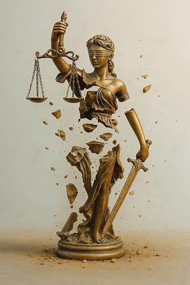 A life-like depiction of Lady Justice, the classical blindfolded woman holding scales and a sword, dramatically falling apart into marble or stone fragments. Her body is cracking and breaking into pieces, with shards suspended mid-air. The background is a stormy sky, symbolizing turmoil and collapse. The scene is realistic, detailed, and emotionally intense, evoking a sense of justice unraveling. Make the image lighter.