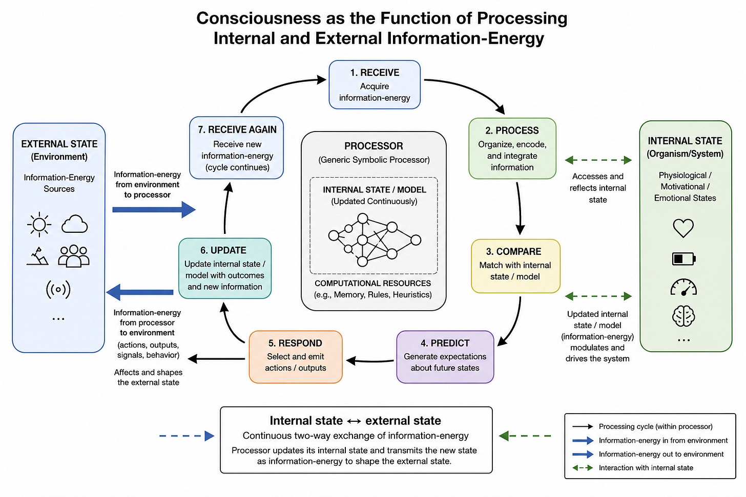 Textbook-style diagram showing consciousness as a cyclical processor of internal and external information-energy. An external environment and internal organism state exchange information-energy with a central processor through the cycle Receive → Process → Compare → Predict → Respond → Update → Receive Again. The processor continuously updates its internal state/model, which is transmitted outward through actions, outputs, signals, and behaviour, thereby affecting the external state. The diagram emphasizes the reciprocal relationship internal state ↔ external state.