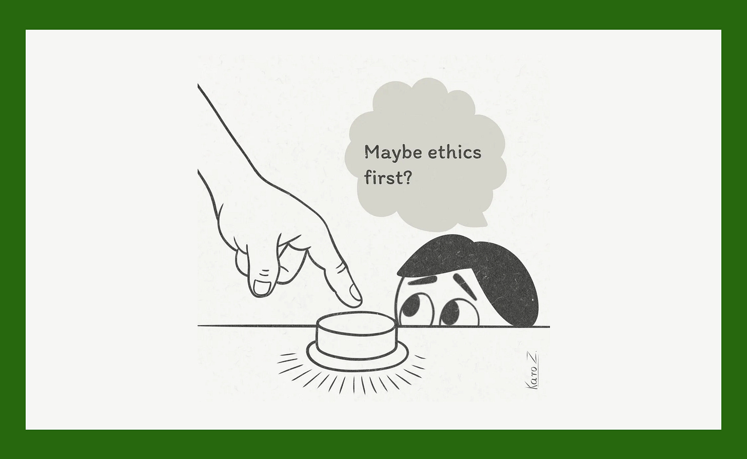 Illustration by Karo Zieminski for Product with Attitude showing a nervous product manager watching a finger hover over a launch button, thinking “Maybe ethics first?” — a visual metaphor for AI ethics decisions before launch.