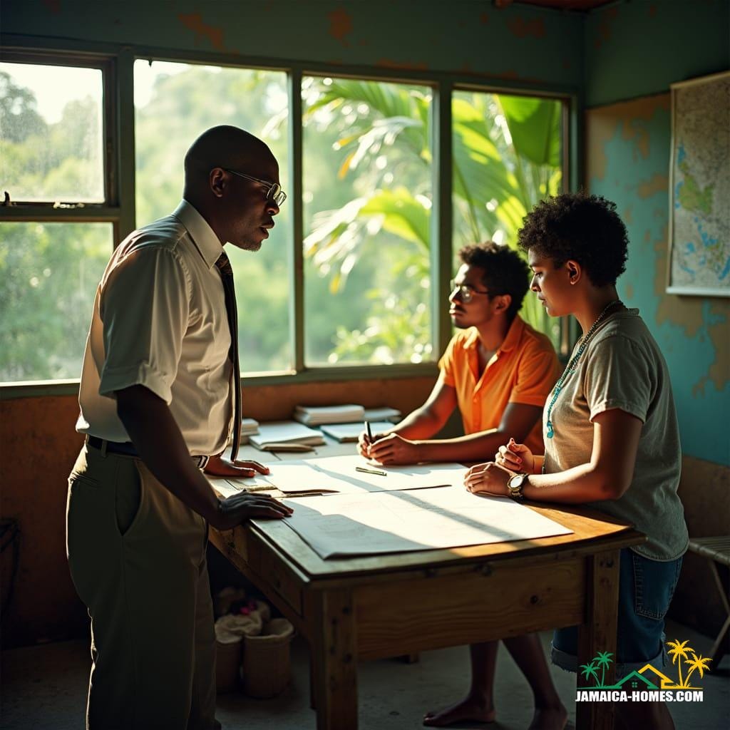 A bespectacled planning officer, dressed in a crisp white shirt and tie, stands at a worn wooden desk, surrounded by maps and documents, in a rustic Jamaican government office, with lush Caribbean foliage visible through the windows behind him. He leans forward, engaged in conversation with a young couple, both wearing bright island attire, as they review blueprints and discuss submitting outline planning for their new project.