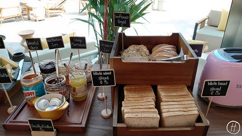 Food offerings at Moxy breakfast buffet
