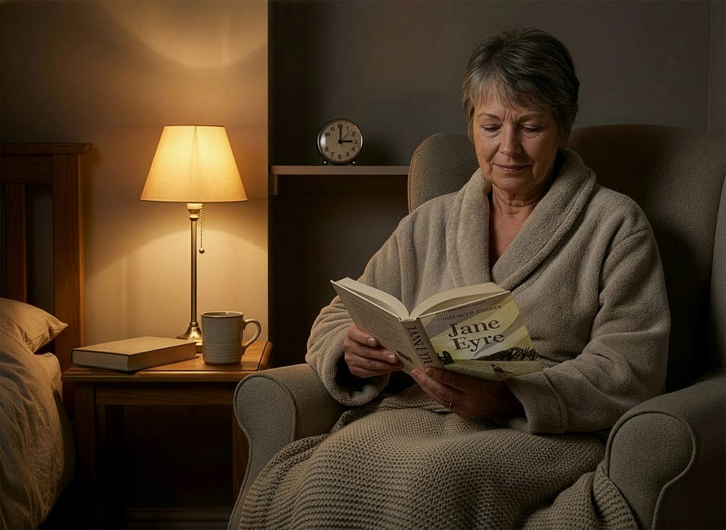 IllusImage of a “3 am corner”: a woman sitting in a chair with a blanket and a book in soft lamplight at 3 am, following a pre-planned routine instead of lying in bed frustrated.