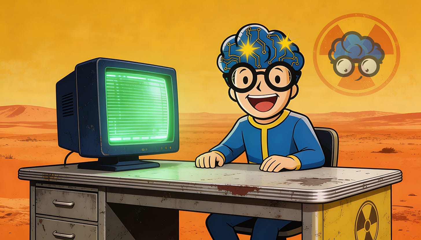 Illustration style Fallout GMIND-BOY seul dans un désert radioactif devant un terminal informatique, symbolisant l'isolement du solopreneur et le pic de cortisol. Illustration style Fallout GMIND-BOY seul dans un désert radioactif devant un terminal informatique, symbolisant l'isolement du solopreneur et le pic de cortisol.
