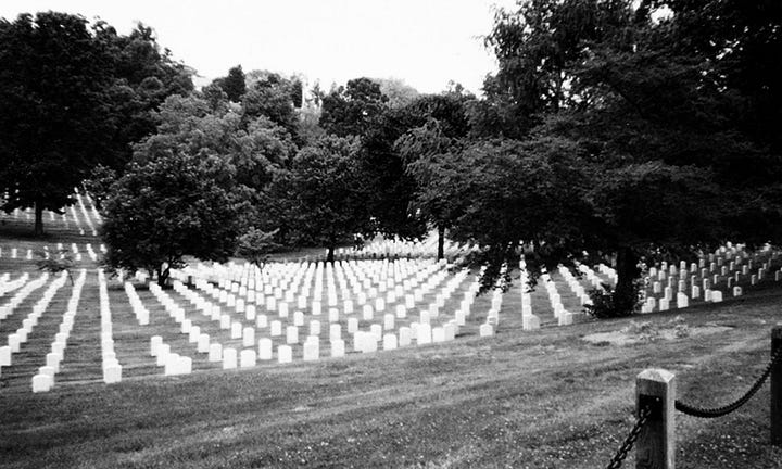 arlington national cemetery (b/w) row upon row of stones; gravestone of Martha Wilcox Fellows, pharmacy mate, US Navy, WWII; gravestone and brass plaque honoring Samuel Greeley, "soldier of the revolution with Washington's Army at Valley Forge"; two graves reading at Arlington National Cemetery