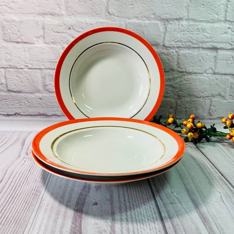 Set of 3 Soviet Vintage red Rim Soup or Pasta Bowls Rarity image 1