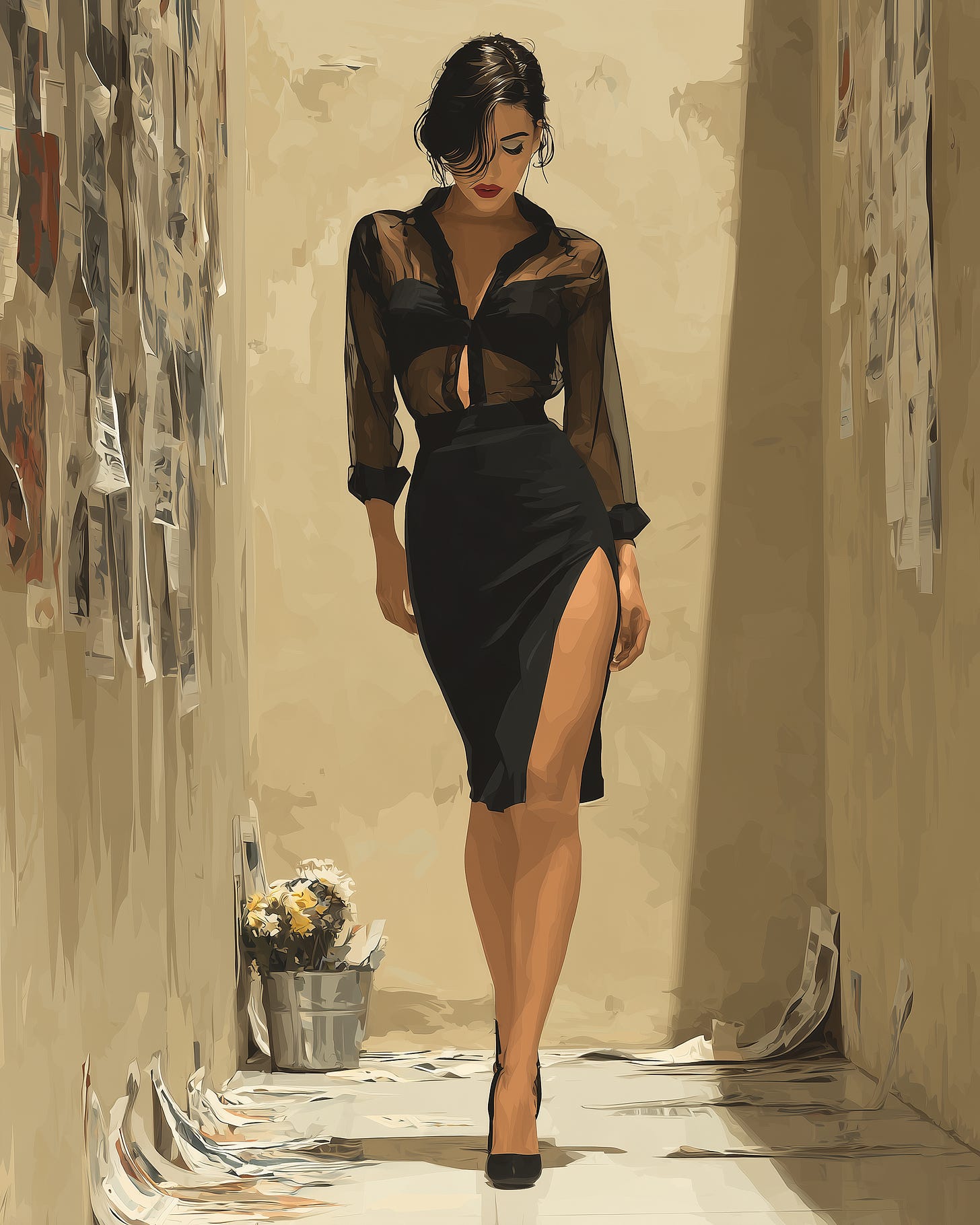 1980s fashion illustration in the style of Patrick Nagel showing a woman in a black power suit walking down a dark corridor away from scattered abandoned projects on the floor, heading toward a golden light at the end, rendered in bold flat colors with sharp clean outlines in black, white, red, and gold. Illustrates Fidji Simo's "side quests" decision to kill Sora and other products.