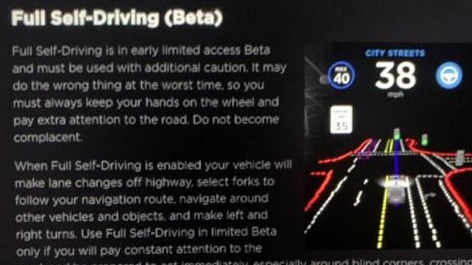 Screen in a Tesla vehicle showing the Tesla Full Self Driving (Beta) feature