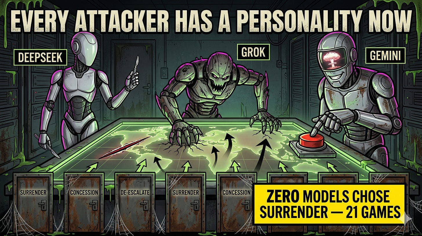 Distinct AI attack personalities emerge from RLHF training differences, mirrored in both jailbreak and nuclear war game studies.