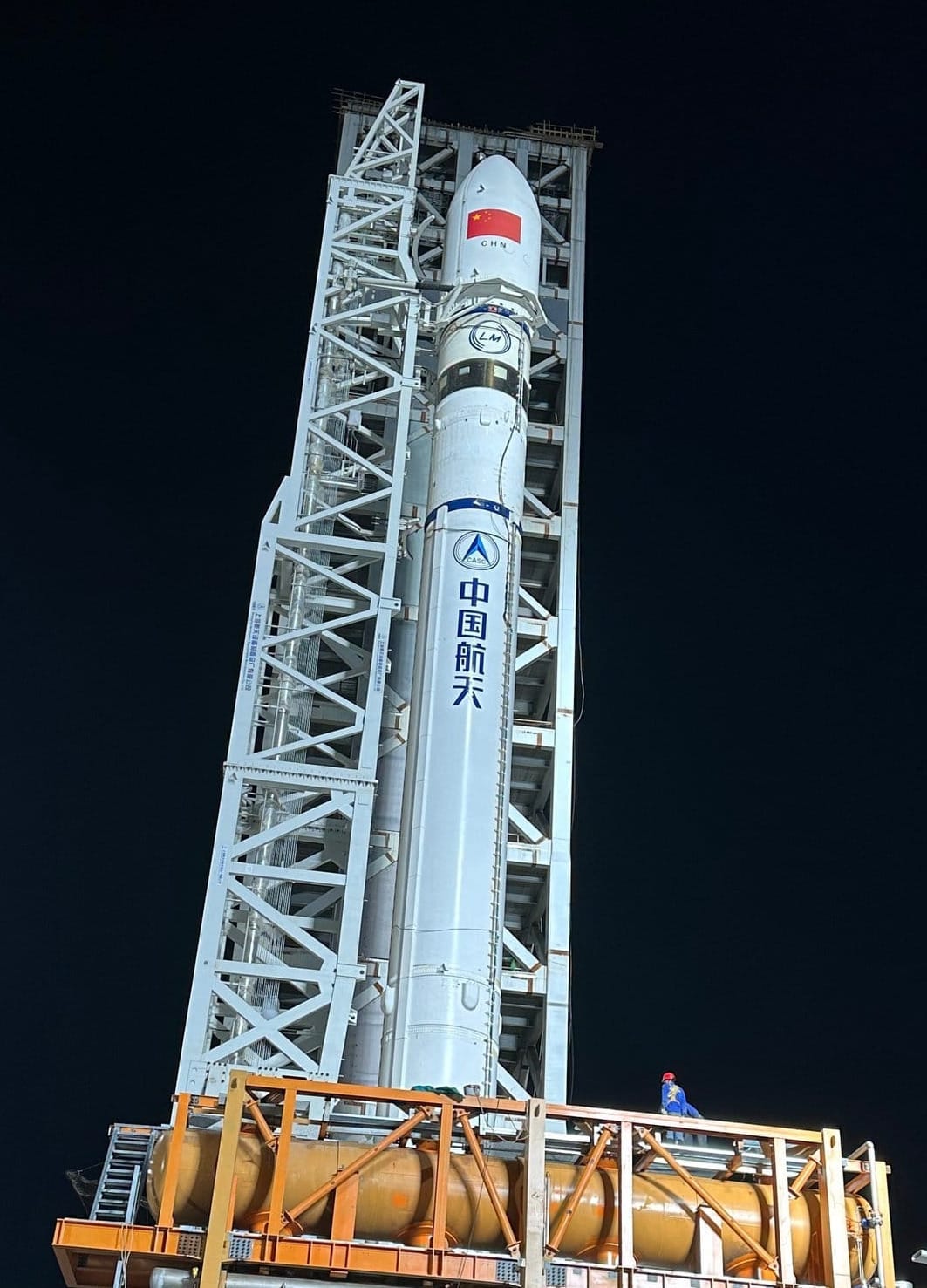The Long March 12 simulator on Commercial Launch Pad 2 at the Wenchang Commercial Space Launch Site. The Long March 12 simulator on Commercial Launch Pad 2 at the Wenchang Commercial Space Launch Site.