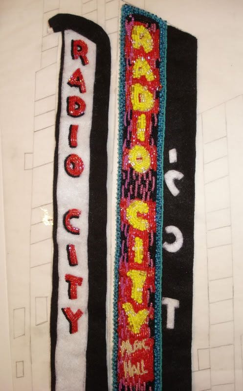 beaded Radio City Music Hall mixed media painting bead embroidery beadwork NYC theatre street scene beaded Radio City Music Hall mixed media painting bead embroidery beadwork NYC theatre street scene