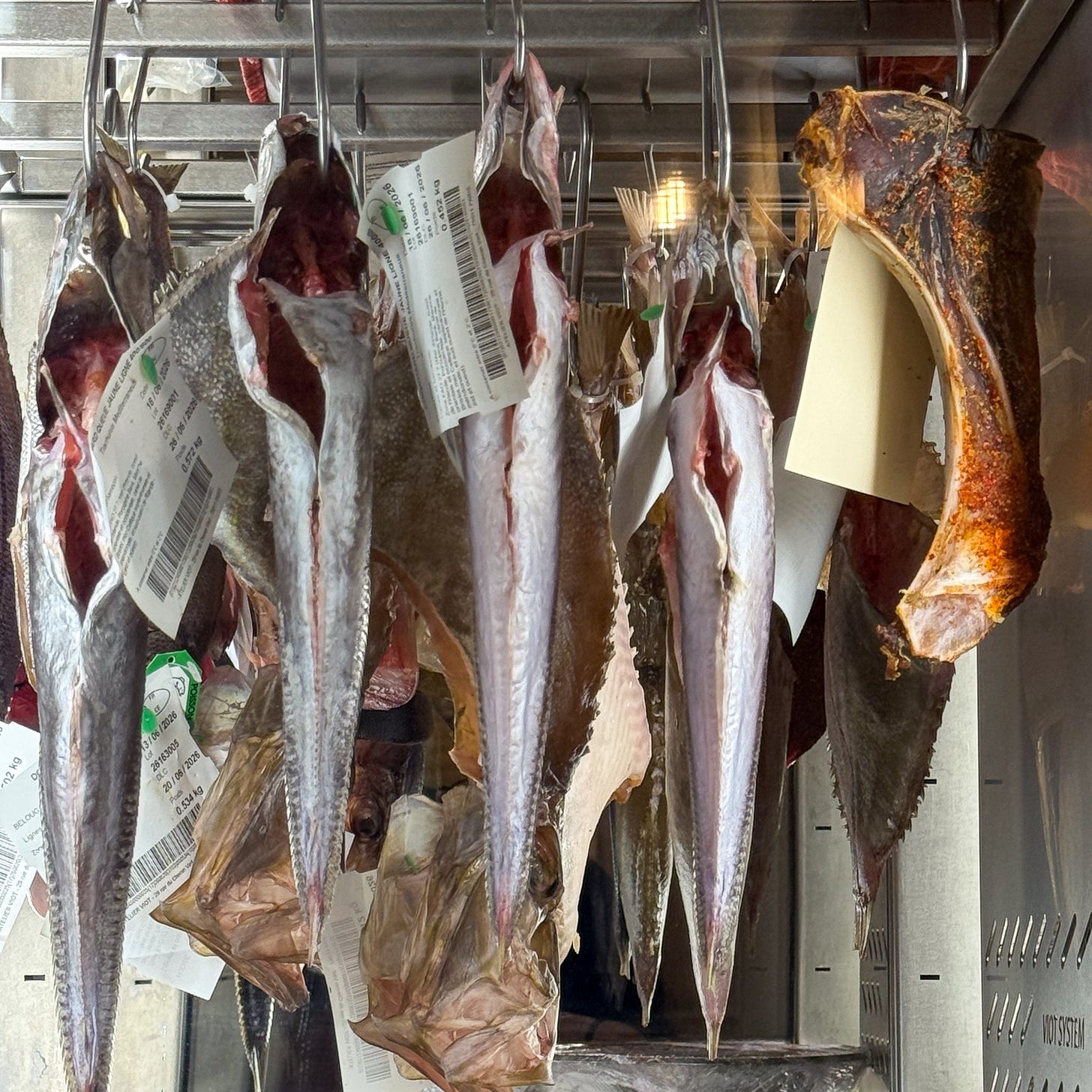 Whole fish dry-aging on hooks in the ice-free Viot System case at Petit Vatel, Paris 6th Whole fish dry-aging on hooks in the ice-free Viot System case at Petit Vatel, Paris 6th