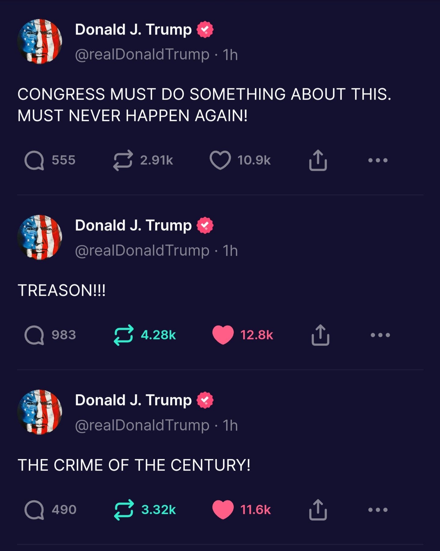Lehet, hogy egy kép erről: kosárlabda és , szöveg, amely így szól: „Donald J. Trump @realDonaldTrump 1h CONGRESS MUST DO SOMETHING ABOUT THIS. MUST NEVER HAPPEN AGAIN! 555 2.91k 10.9k Donald J. Trump @realDonaldTrump 1h TREASON!!! 983 4.28k 12.8k ↑ Donald J. Trump @realDonaldTrump 1h THE CRIME OF THE CENTURY! 490 3.32k 11.6k”