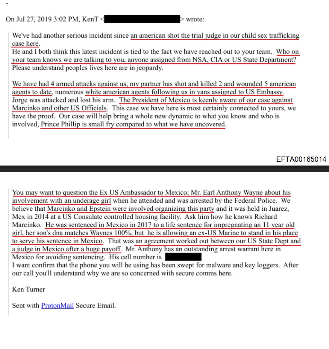 Email discussing serious incidents involving American agents, child trafficking case, and potential connections to U.S. officials and security concerns.