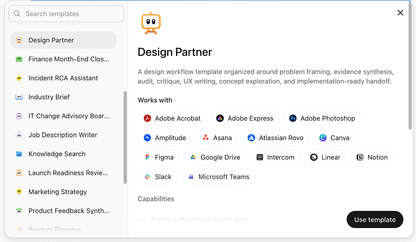 ChatGPT workspace agent template called “Design Partner,” showing a structured workflow connected to tools like Adobe Express, Photoshop, Figma, and Google Drive.