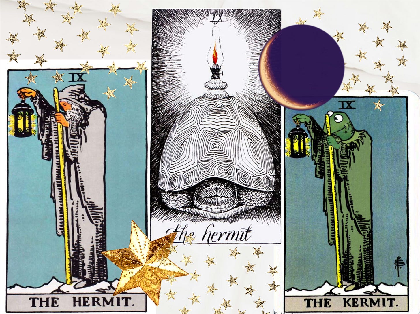 A digital collage with three Hermit cards from different Tarot Decks. One is the Smith deck with the bearded man holding a staff and lanterns, clothed in a cloak. Another is a turtle in their shell with an antique lantern glowing on their shell, the third is exactly like the Smith hermit but it has a green cartoon frog instead of a man and the card is called Kermit