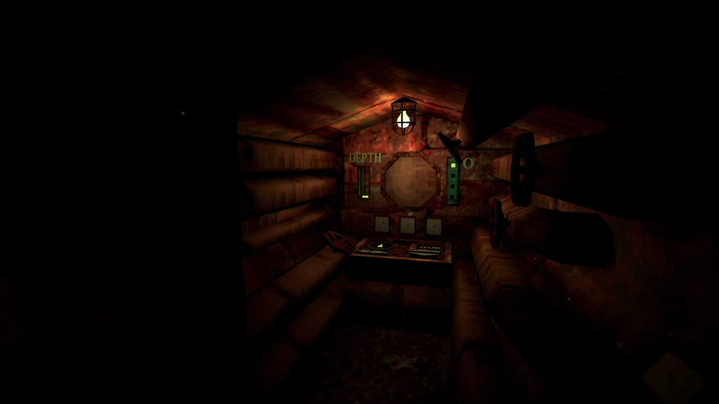 A screenshot of the submarine interior from the game Iron Lung. It is tiny and a rusty reddish-brown.