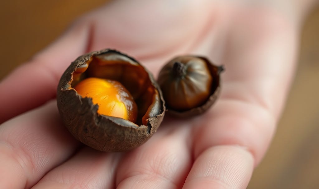 A weathered male hand cradling a freshly cracked chestnut. The spiky shell is split wide, revealing the warm, glowing meat inside—one half still hidden, one half fully exposed to the light. A weathered male hand cradling a freshly cracked chestnut. The spiky shell is split wide, revealing the warm, glowing meat inside—one half still hidden, one half fully exposed to the light.