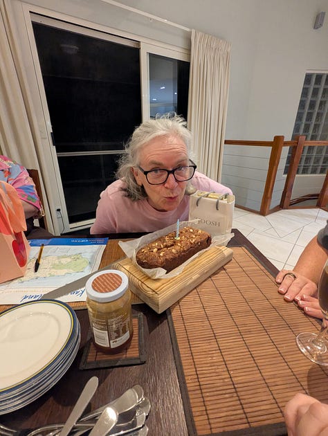 Clear blue water, a rugged coastline, women swimming, blowing out candles, a wallaby