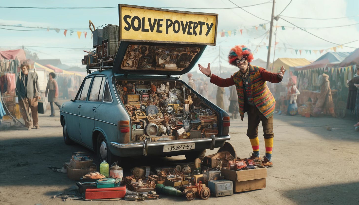 A photorealistic scene showing a person selling a variety of quirky items, widgets, and gizmos from the open trunk of their car. The car is an old, slightly worn vehicle, with the trunk packed full of odd objects like vintage gadgets, mismatched tools, and random trinkets. Above the car is a large, hand-painted sign that reads 'SOLVE POVERTY' in bold, uneven letters. The seller is an eccentric character wearing colourful, mismatched clothing, smiling and gesturing energetically to a small crowd of curious onlookers. The setting is an outdoor market, with other stalls and people in the background, creating a lively, photorealistic atmosphere.